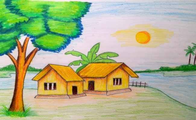 Village Landscape Scenery Drawing with Oil Pastels-saigonsouth.com.vn
